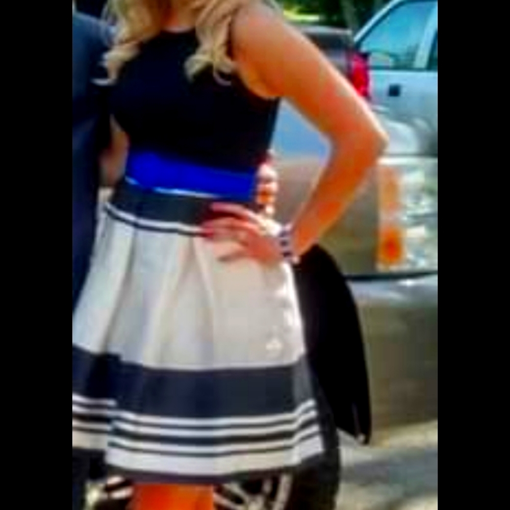 Eliza J dress black white with blue belt